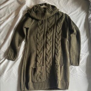 Olive Cable Knit Turtleneck Sweater Dress